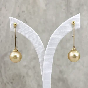 EG10531-1 Golden South Sea Pearl Simple Diamond Drop Earrings