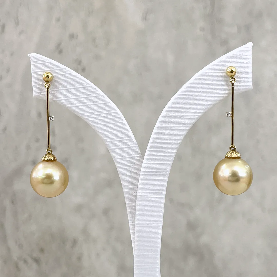 Golden South Sea Pearl Simple Diamond Drop Earrings