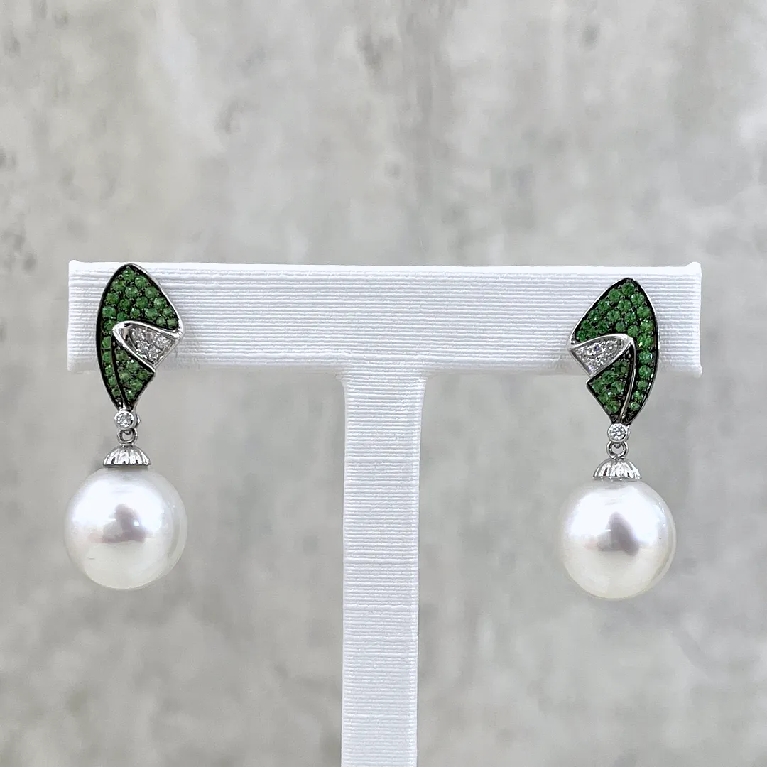 White South Sea Pearl Tsavorite & Diamond Earrings