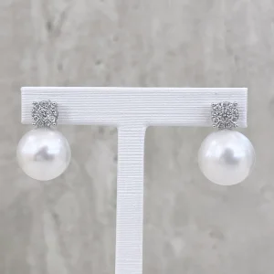 White South Sea Pearl Diamond Accent Stud Earrings
