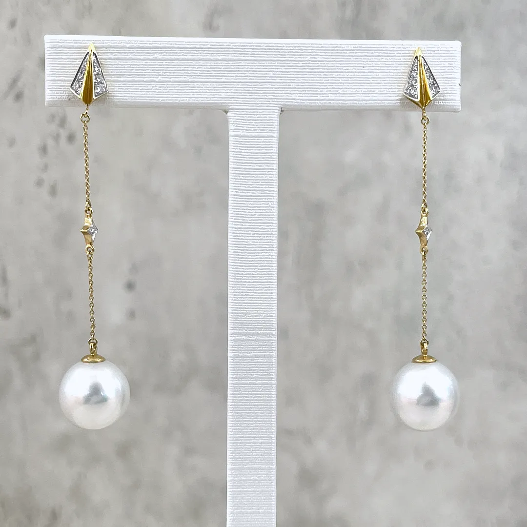 White South Sea Pearl Geometric Diamond Drop Earrings