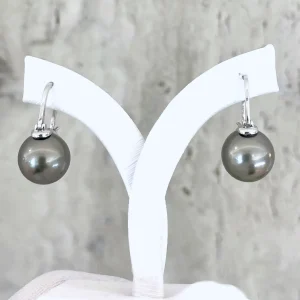 ET060403-W-1 Black Tahitian Pearl Hoop Earrings(White Gold)
